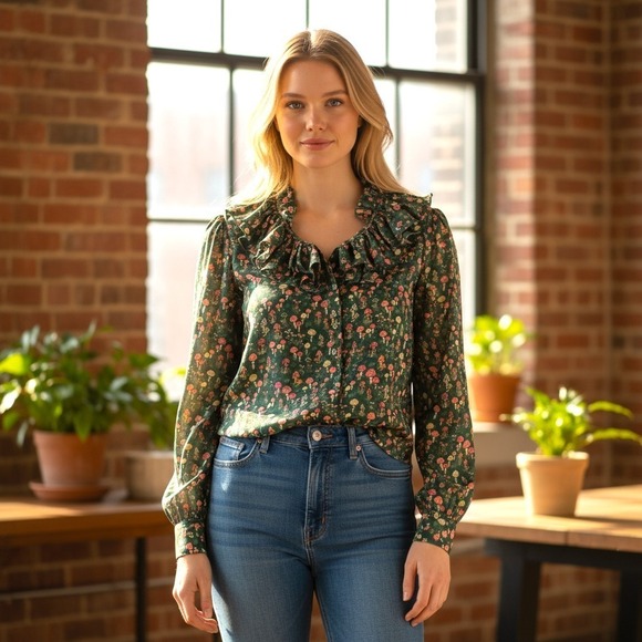 J. Crew Tops - J. Crew Green Floral Ruffled V-Neck Mushroom Blouse